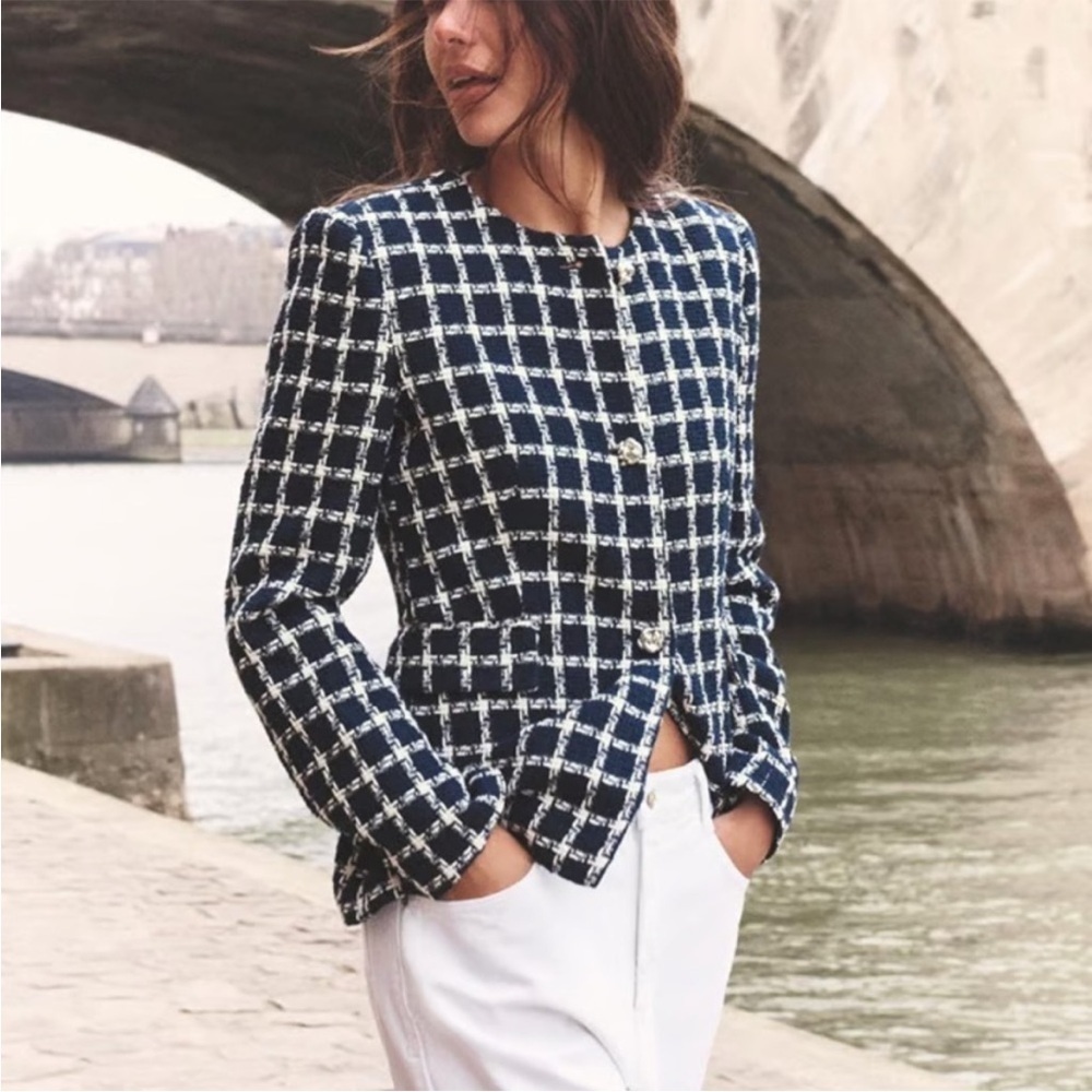ZARA Tweed Preppy Knot Button Blazer Jacket Plaid XL Navy Blue White